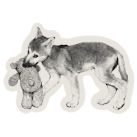 a black and white image of a wolf with a teddy bear
