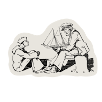 a black and white drawing of a man talking to a sailor